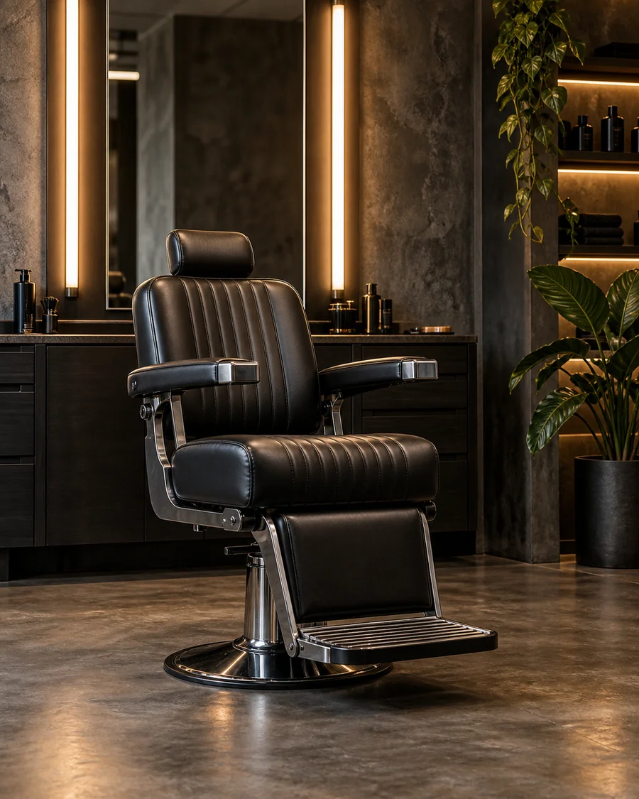 Interior ilustrativo de una barbería, con sillón de cuero negro y luz cálida